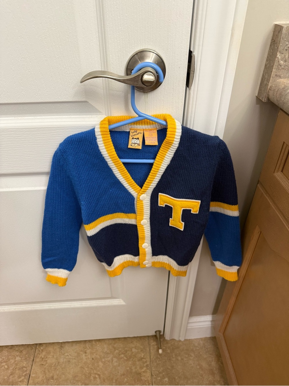Vintage Kids Blue & Navy Knit Cardigan with Yellow Trim